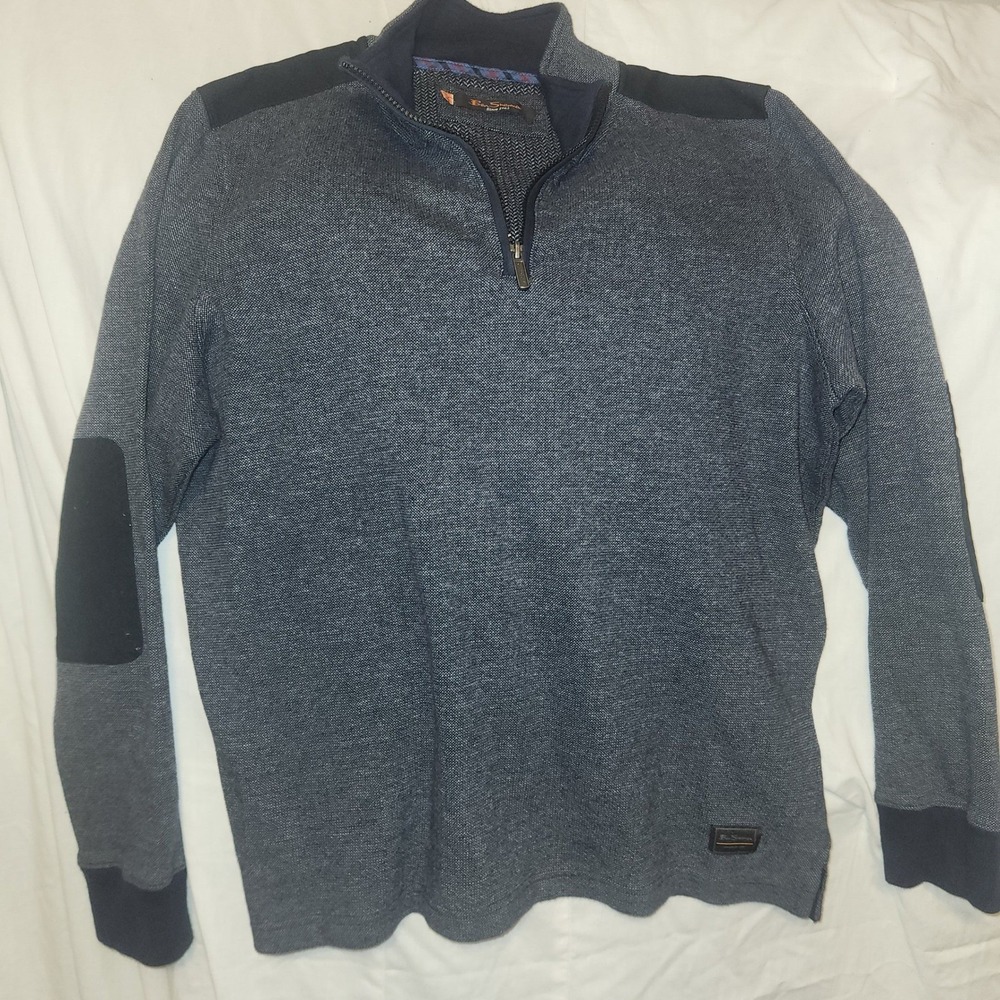 Ben Sherman Mens Blue Herringbone Quarter Zip Sweater Elbow Patches MD13233 L